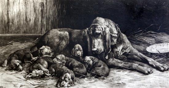 Herbert Thomas Dicksee (1862-1942) Bloodhound with litter of pups in stable 13.5 x 25in.